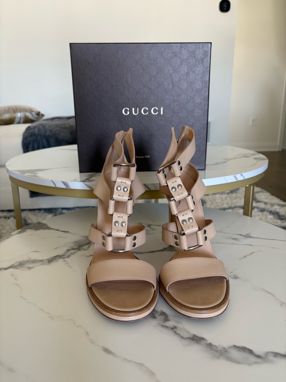 Gucci Women's Nude Pink Leather Strappy Sandals